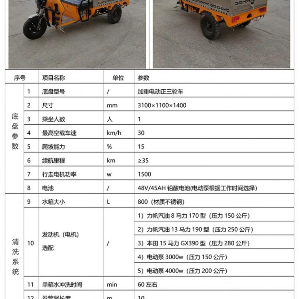 不銹鋼后掀背電動(dòng)三輪高壓清洗車(800L)Q4
